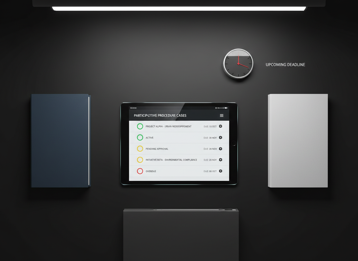 A refined, modern digital workspace displayed on a high-resolution tablet lying flat on a matte black desk, showing a structured list of participative procedure cases with clear status indicators, deadlines, and secure messaging icons. Around it, color-coded, label-free binders in sober tones (dark blue, charcoal, and white) are aligned precisely, and a minimalist silver desk clock shows an upcoming deadline. Soft, indirect LED desk lighting casts a gentle glow, eliminating harsh shadows and creating crisp reflections along the tablet’s glass edge. Captured from a top-down, bird’s-eye view in photographic realism, the composition is balanced and symmetrical, symbolizing control, time management, and methodical case handling without any visual clutter.