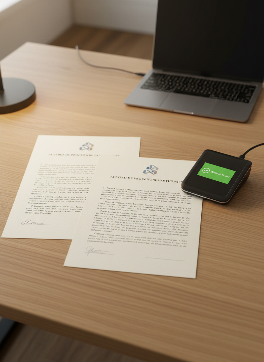 A detailed close-up of two premium archival-quality paper copies of a participative procedure agreement lying perfectly aligned on a light oak desk, each page headed with a discreet, abstract logo and crisp French legal typography. Next to them rests a high-end electronic signature pad with a glowing confirmation checkmark on its small screen, connected by a slim black cable to a partially visible laptop. Warm, directional desk-lamp lighting creates gentle highlights on the paper fibers and subtle shadows along the edges, emphasizing material quality. Photographic realism, shot from a slightly elevated angle with sharp focus on the signature zone and a softly blurred background, conveying solemnity, trust, and the transition from traditional signatures to secure electronic validation.