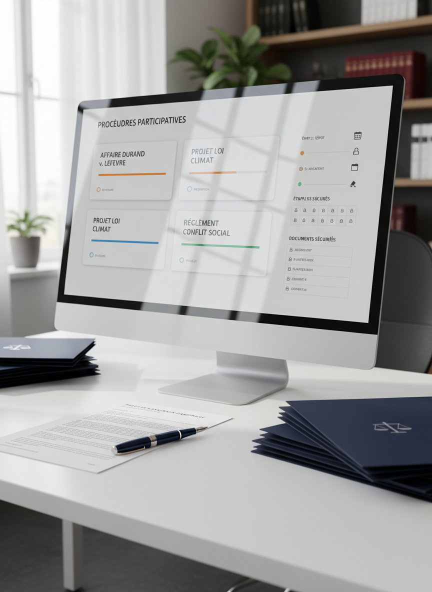 A sleek, large, frameless computer monitor on a minimalist white desk displays a clean dashboard of a SaaS platform for French participative procedure, with structured case tiles, a progress timeline, and secure document icons. Around the screen lie neatly stacked navy-blue legal folders embossed with a subtle scales-of-justice symbol and a refined fountain pen resting on a printed convention draft. Soft daylight from a nearby window creates gentle reflections on the screen and faint shadows across the desk, giving a calm, professional feel. Photographic realism, shot at eye level with a slight angle toward the screen, sharp focus on the interface and a softly blurred office background, conveying reliability, organization, and legal precision.