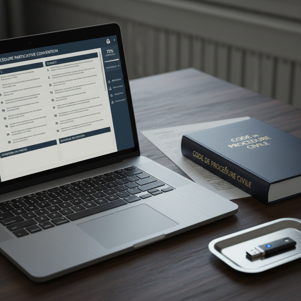 A close-up of a brushed-metal laptop on a dark wood desk, its screen showing a detailed template of a French participative procedure convention with clearly defined clauses, signature zones, and a progress sidebar. Beside the laptop sit an elegant navy leather-bound code book stamped “Code de procédure civile” and a slim USB security key resting on a silver tray. Cool, diffused afternoon light from an unseen window highlights the paper texture on a printed draft and creates soft, directional shadows. Photographic realism with a slightly elevated angle, shallow depth of field focusing on the digital convention layout, evoking rigor, confidentiality, and modern legal practice.